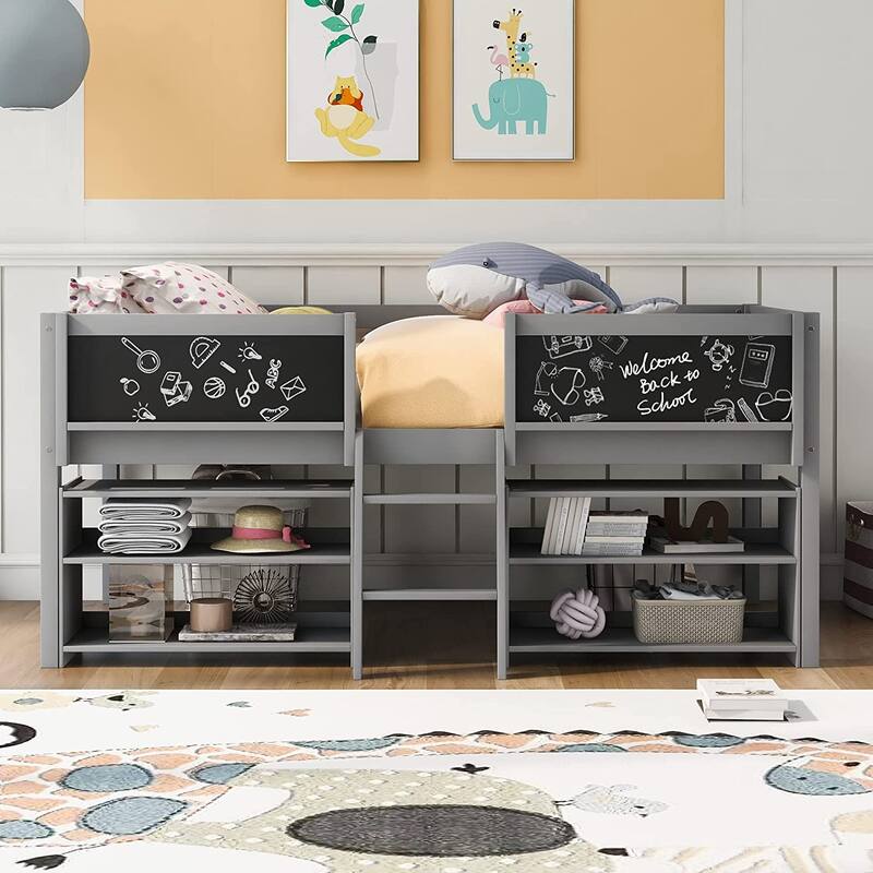 Twin Size Low Loft Bed with 2 Movable Shelves and Ladder & Chalkboard