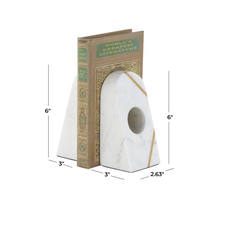 Marble Geometric Curved Pyramid Decorative Bookends with Diagonal Gold Stripes - Set of 2 White - Roche River Decor