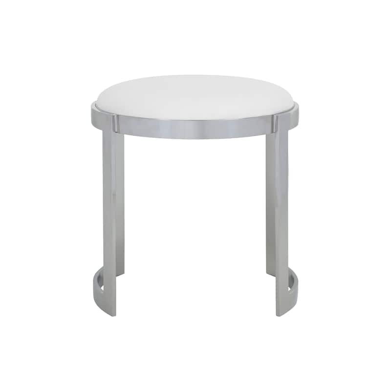 Niyo 19 Inch Accent Stool Ottoman, Round Seat, White Faux Leather, Silver