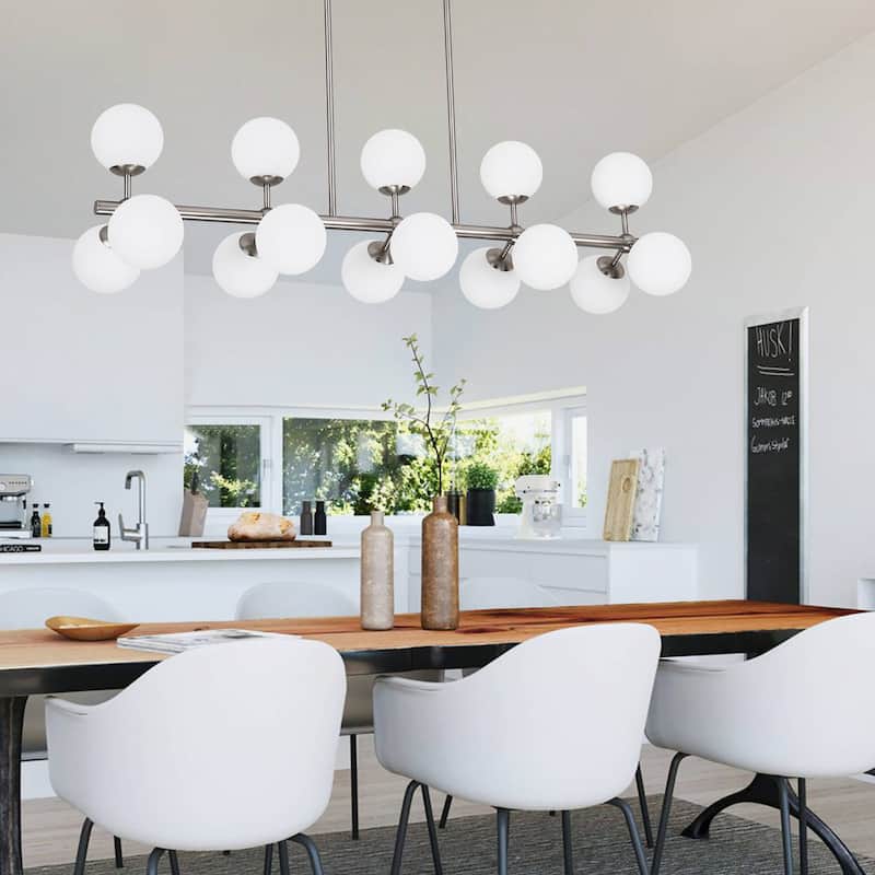 44in W Linear Mid Century Modern Chandelier 15 Light Gold Brass Sputnik Pendant Light with Frosted Glass Globe for Dining Room