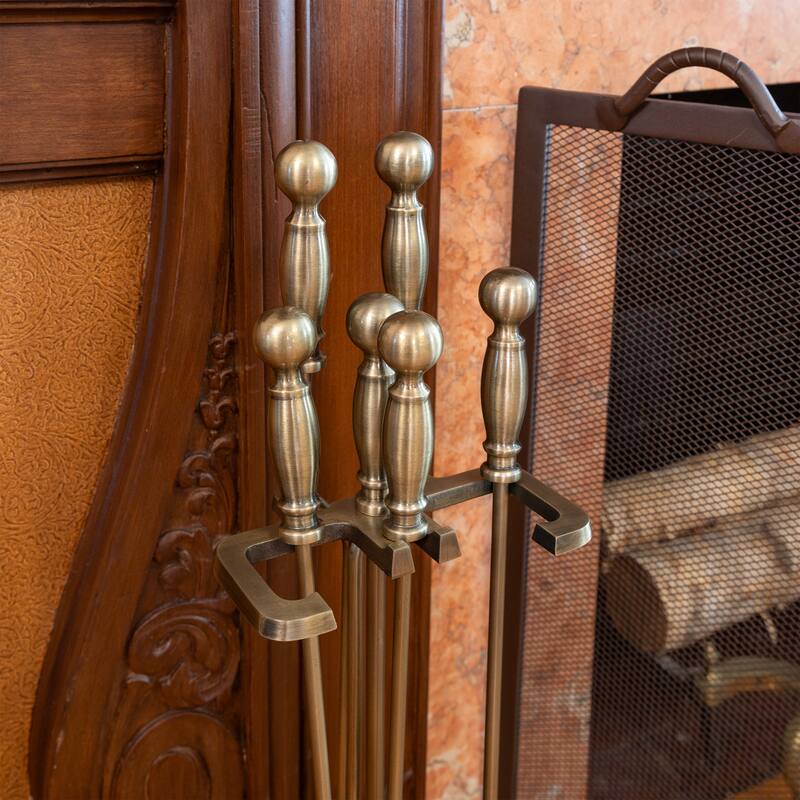 Achla Designs Oxford Set of 4 Fireplace Tools, 30.5 Inch Tall, Black and Polished Brass