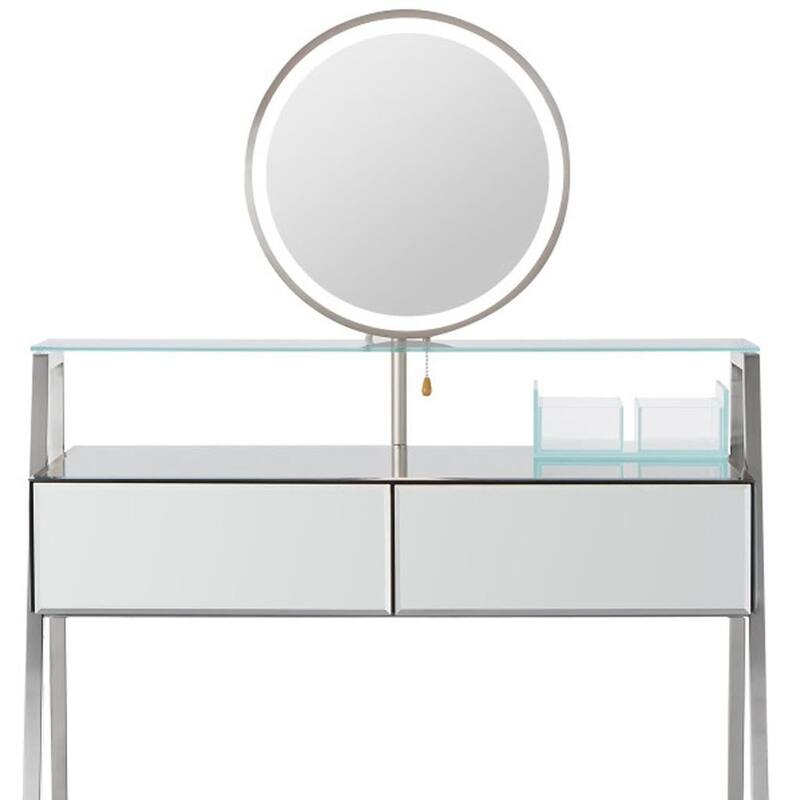 HomeRoots 34" Silver Mirrored Glass and Stainless Steel Two Drawer Vanity Table With Mirror And Lights
