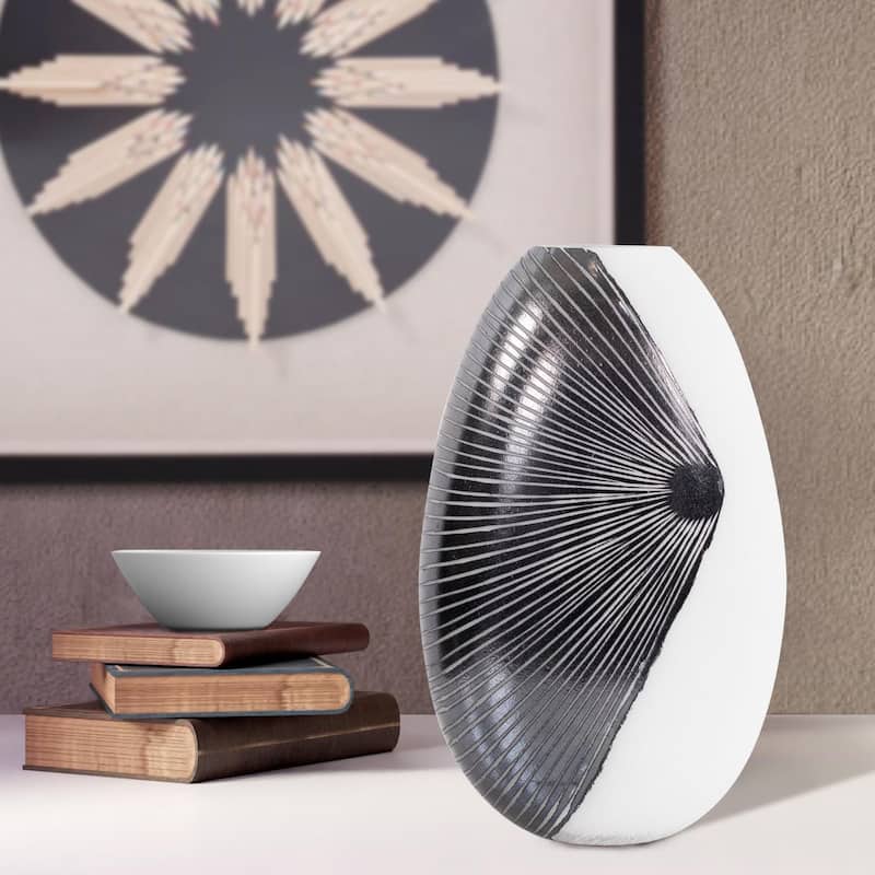 Allan Andrews Contemporary Glossy White Blown Glass Vase with Black Rays - 15.25"H