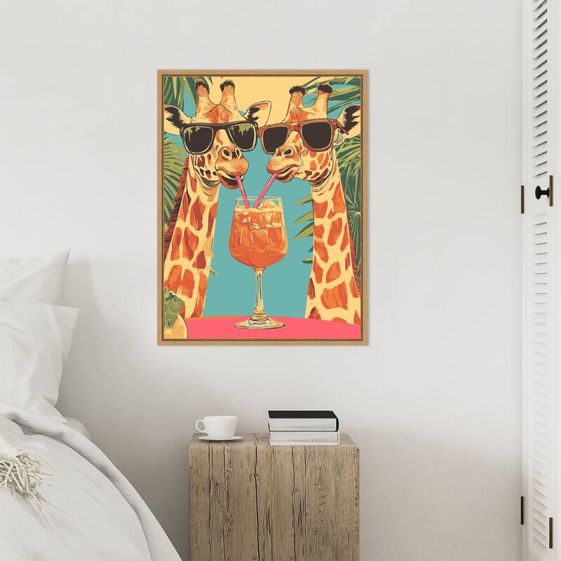 Giraffes Sharing a Drink by Andreas Magnusson Framed Canvas Wall Art