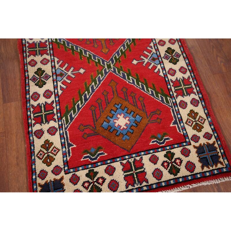 Geometric Red Kazak Accent Rug Hand-Knotted Wool Carpet - 2'1" x 2'11"