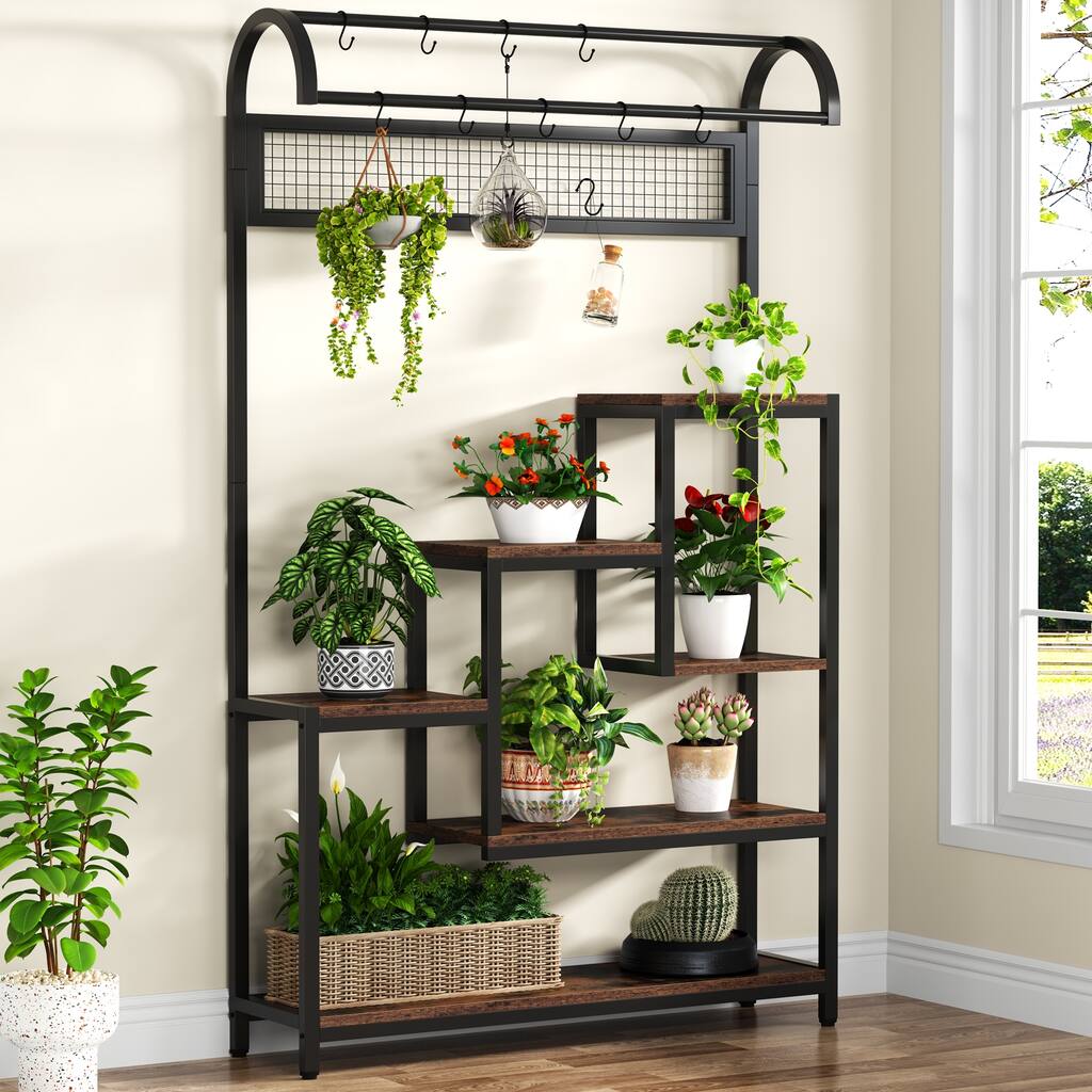 70.9 Inches Indoor Plant Stand,5-Tier Metal Plant Shelf with 10PC S Hanging Hooks for Garden, Balcony, Living Room