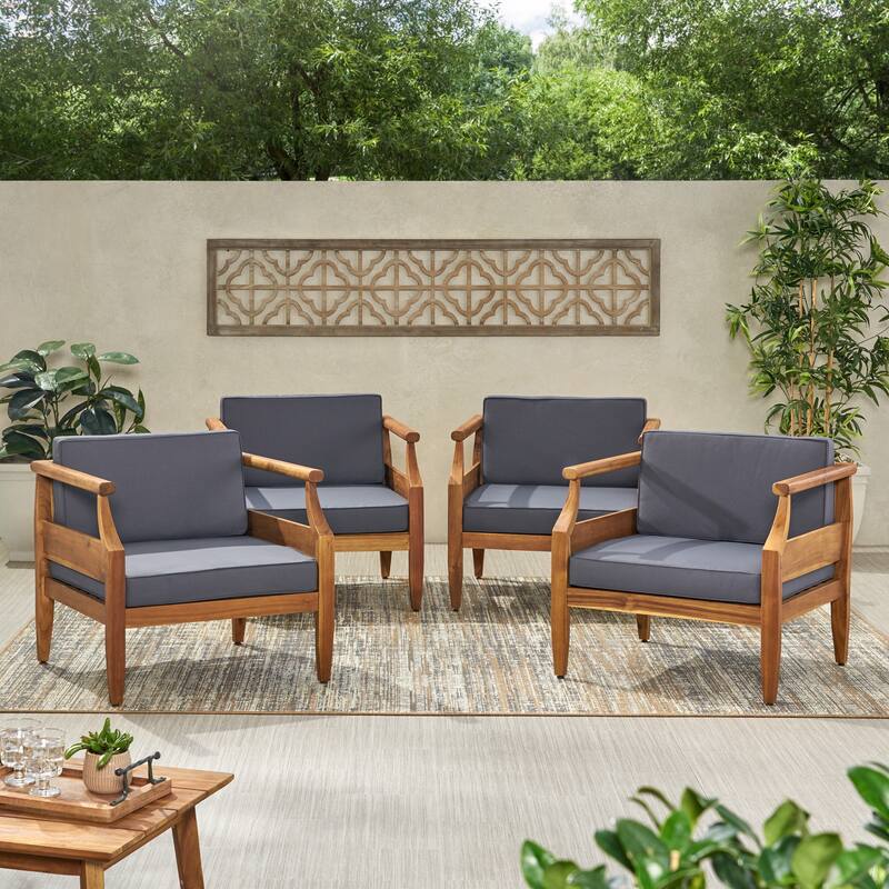Aston Outdoor Mid-century Modern Acacia Wood Club Chair (Set of 4) by Christopher Knight Home - Teak Finish + Dark Gray Cushion