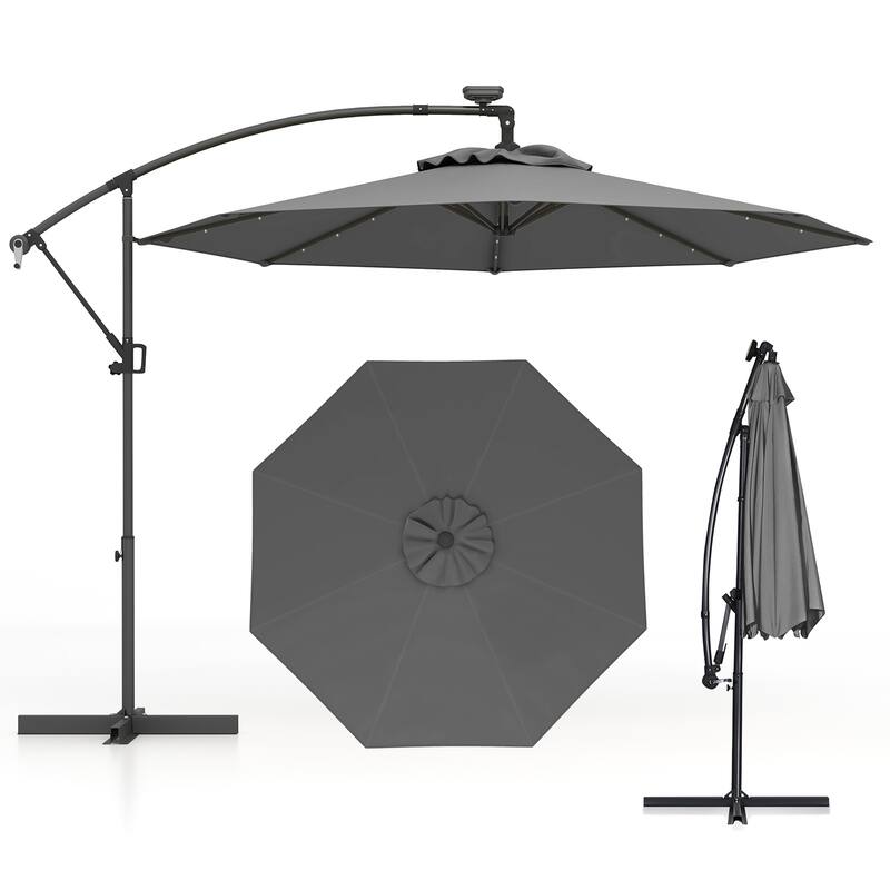 Gymax 10FT Offset Umbrella Rotation Sun Shade Solar Powered LED Gray - Grey
