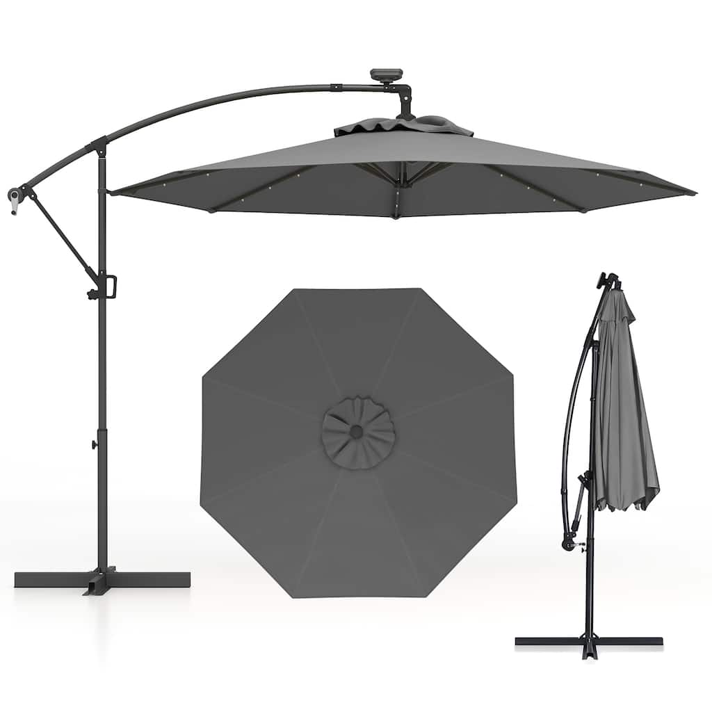 Gymax 10FT Offset Umbrella Rotation Sun Shade Solar Powered LED Gray