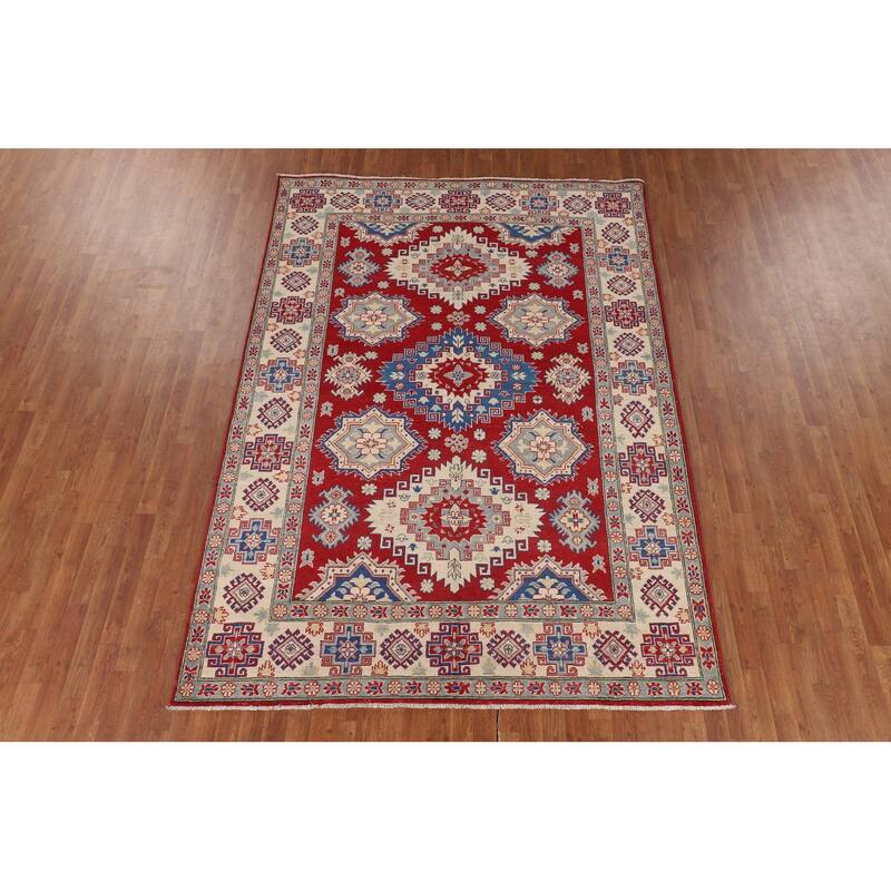 Red Geometric Kazak Rug Hand-Knotted Living Room Wool Carpet - 6'9" x 9'6"