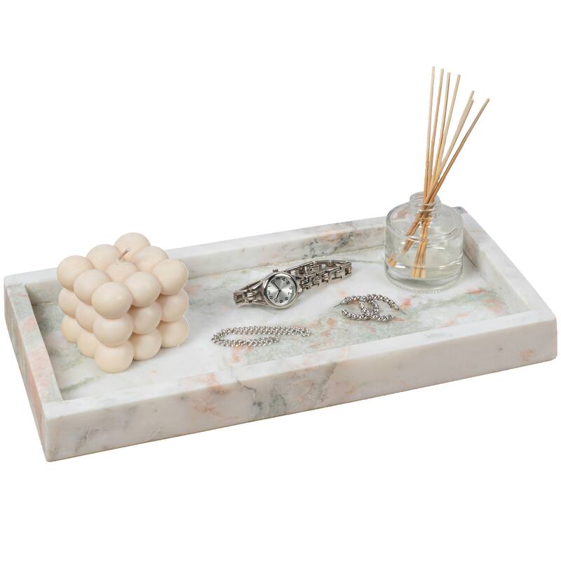 Luxe Stone Classic Minimalist Rectangular Marble Bathroom Countertop Tray - White Beige Marble