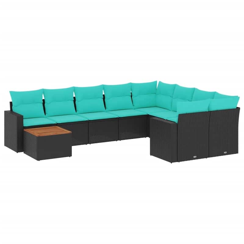 vidaXL 10 Piece Patio Sofa Set with Cushions Black Poly Rattan - 24.4" x 24.4" x 27.2"