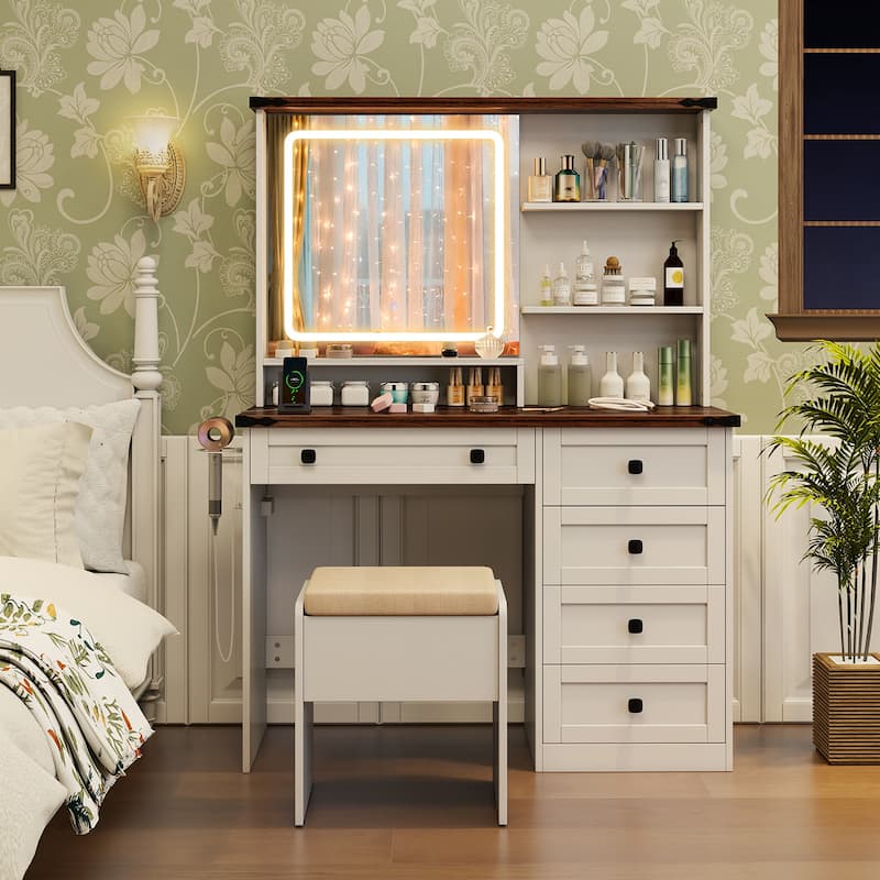 Gymax Farmhouse Vanity Set w/ Mirror and Lights Dressing Table & Chair