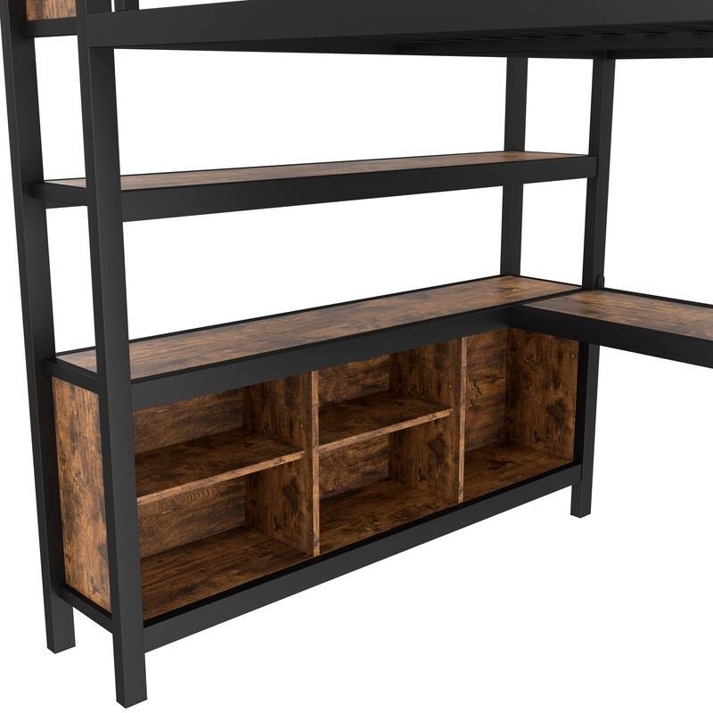 Queen Size Heavy Duty Metal Loft Bed with Wardrobe & L-shaped Desk, Multi-functional Storage Bed Frame with Cubes & Shelves