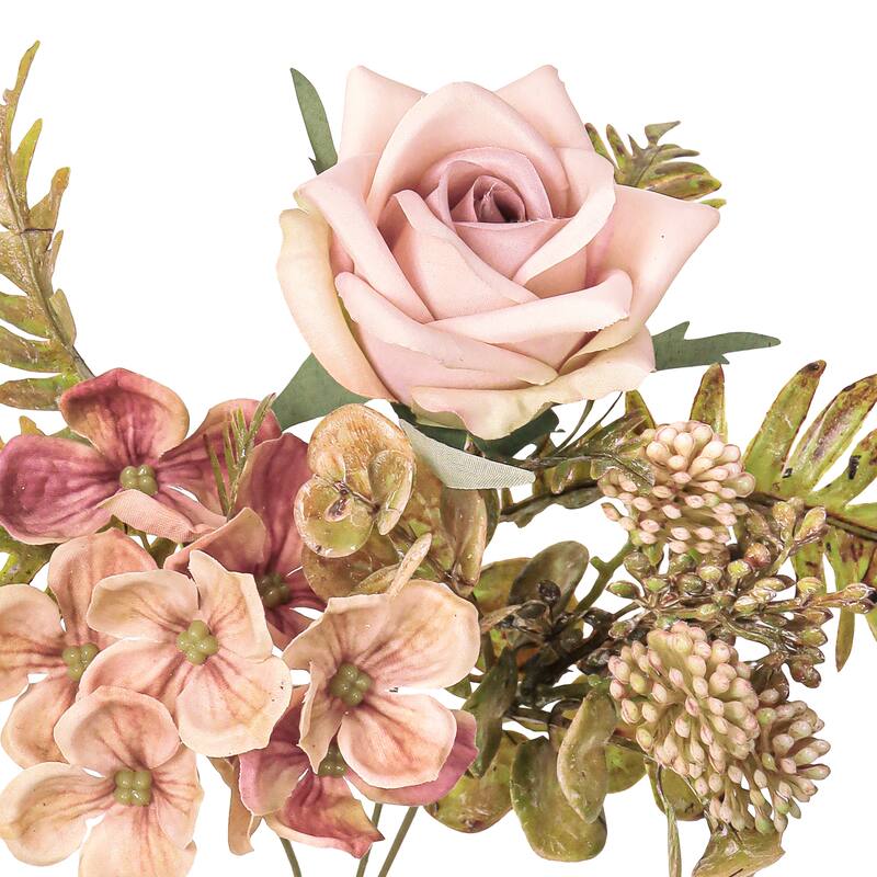 Set of 2 Blush Mauve Artificial Mixed Tea Rose Hydrangea Berry Flower Stem Bush Bouquet 15in - 15" L x 9" W x 9" DP