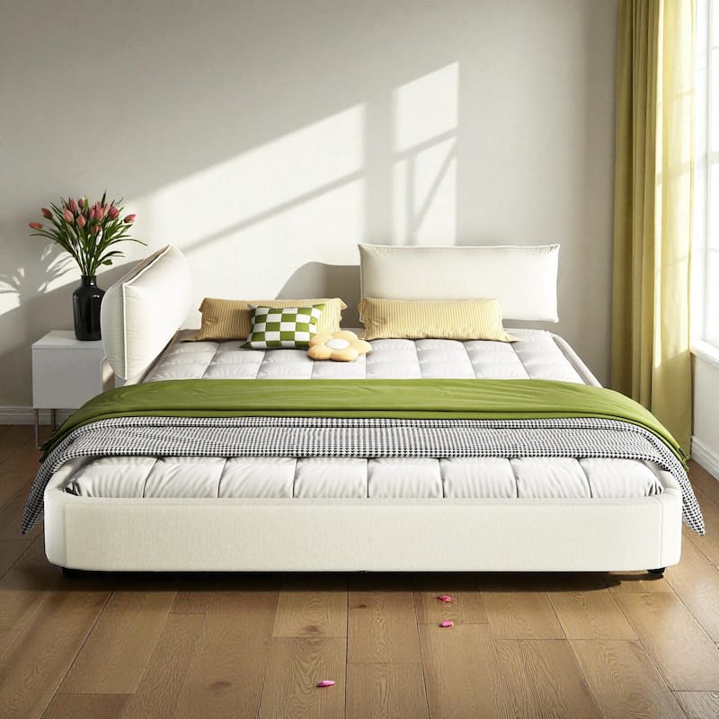 King Size Cloud Bed Frame with Oversized Movable Headboard, Chenille Upholstered Platform Bed with Metal & Wood Support