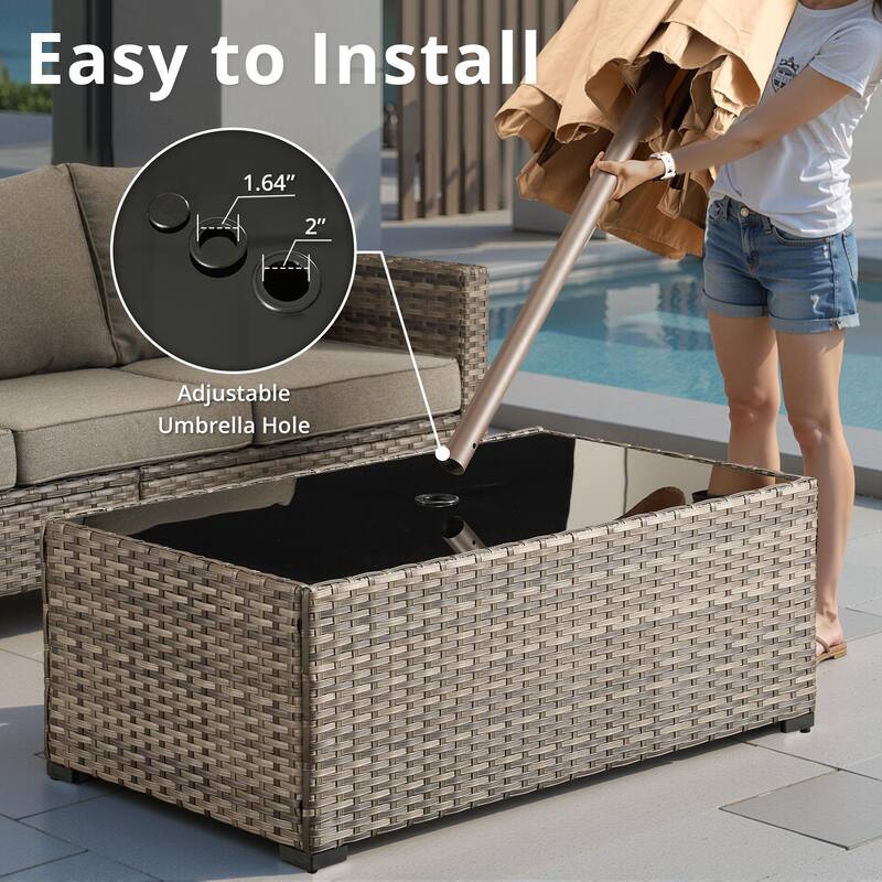 HOOOWOOO Wicker Rattan Patio Rectangle Coffee Table with Umbrella Hole