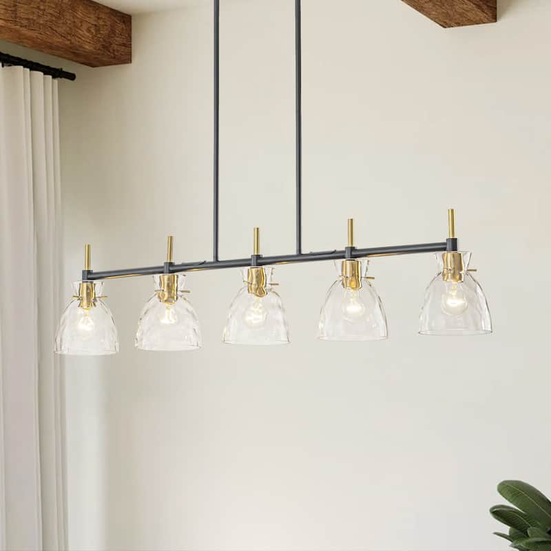 5-Light Modern Industrial Black & Gold Textured Glass Linear Pendant Light- Adjustable Hanging Ceiling Fixture for Dining Room,