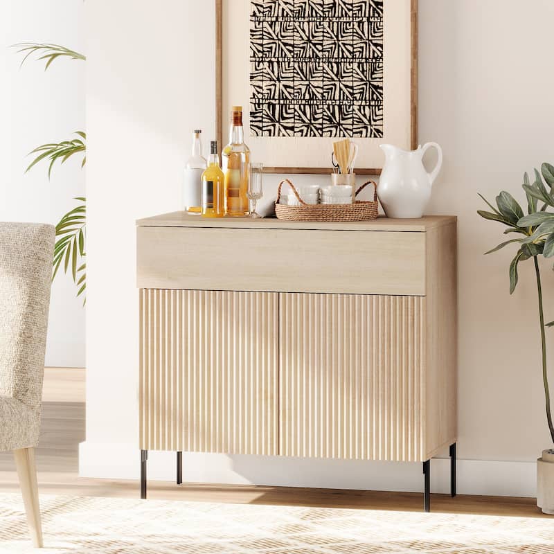 31.5" Wooden Reeded Sideboard With Doors And Drawer, Modern Credenza Storage Cabinet