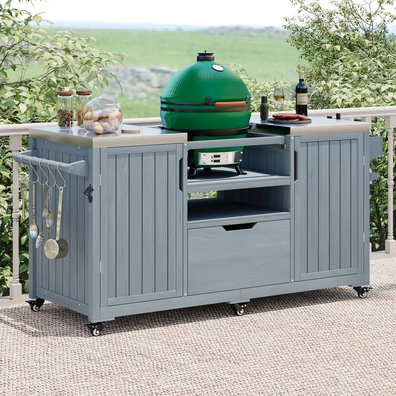 66.5" Solid Wood Outdoor Kitchen Island for Big Green Egg Grills with Stainless Steel Top & Drawer