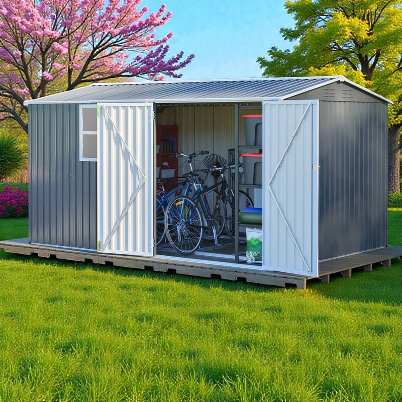 8x12 FT Outdoor Metal Storage Shed with Window, Lockable Hinged Doors and 4 Vents, Heavy Duty Steel Shed