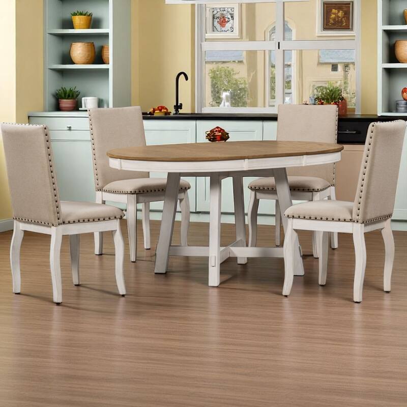 5-Piece Farmhouse Dining Set, Round Extendable Table with 4 Upholstered Chairs, Wood Dining Set for Kitchen and Dining Room - Oak Natural Wood + Antique White