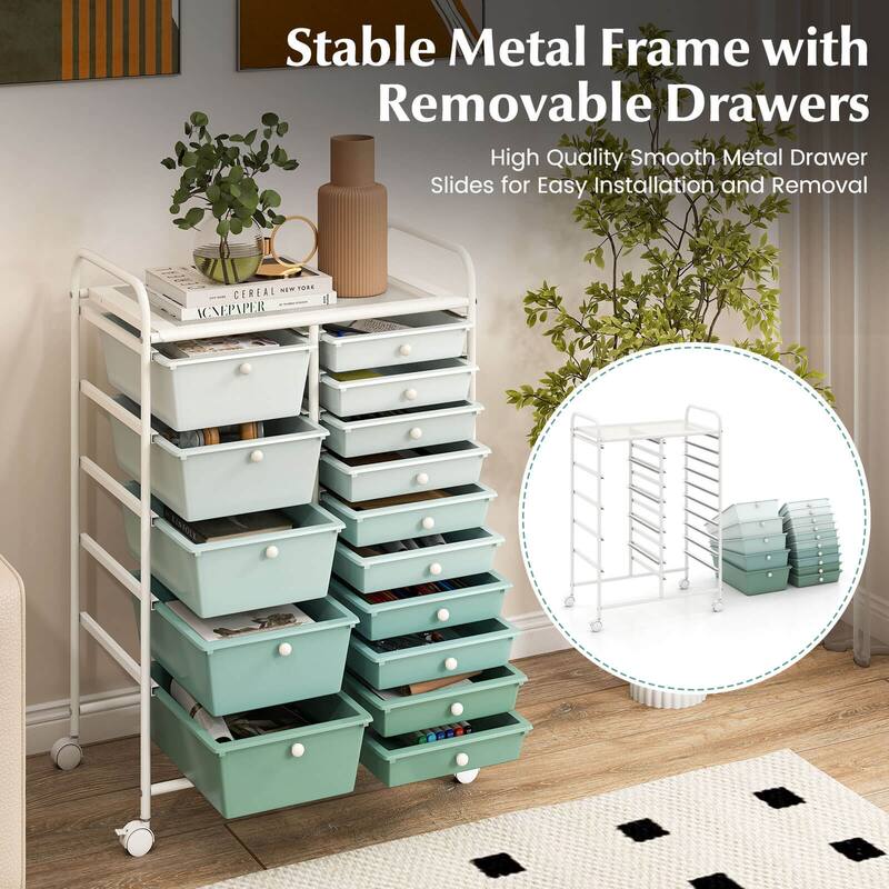 Costway 15 Drawer Rolling Storage Cart Tools Scrapbook Paper Office - See Details