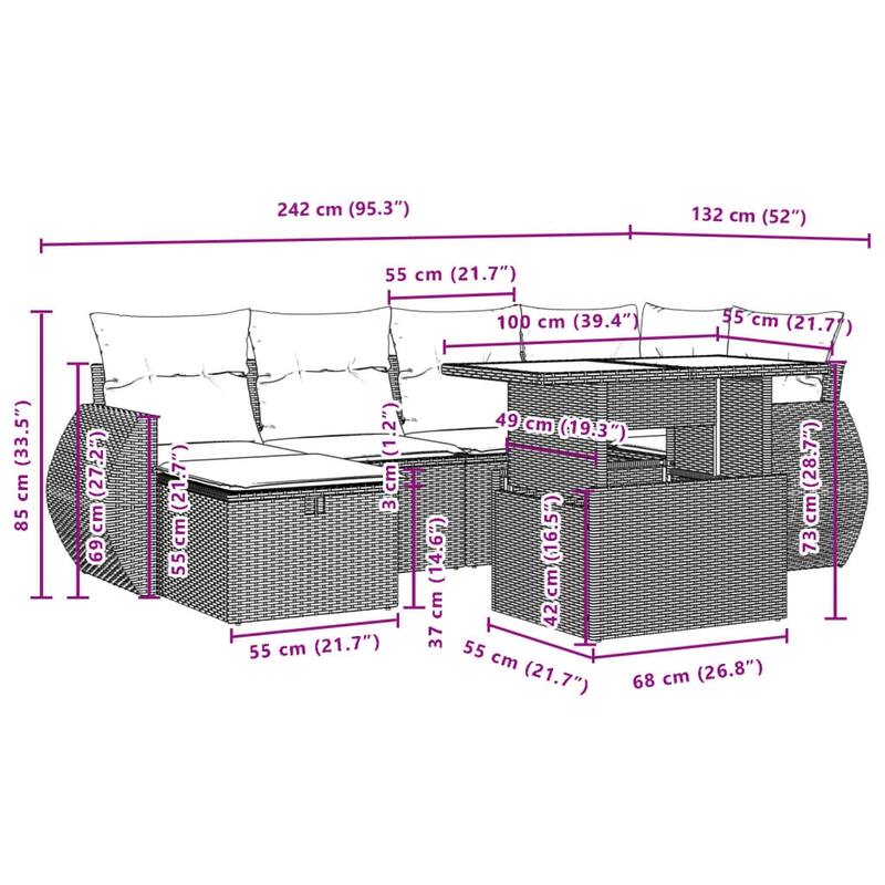 vidaXL Patio Sofa Set with Cushions Outdoor Furniture 7 Piece Poly Rattan