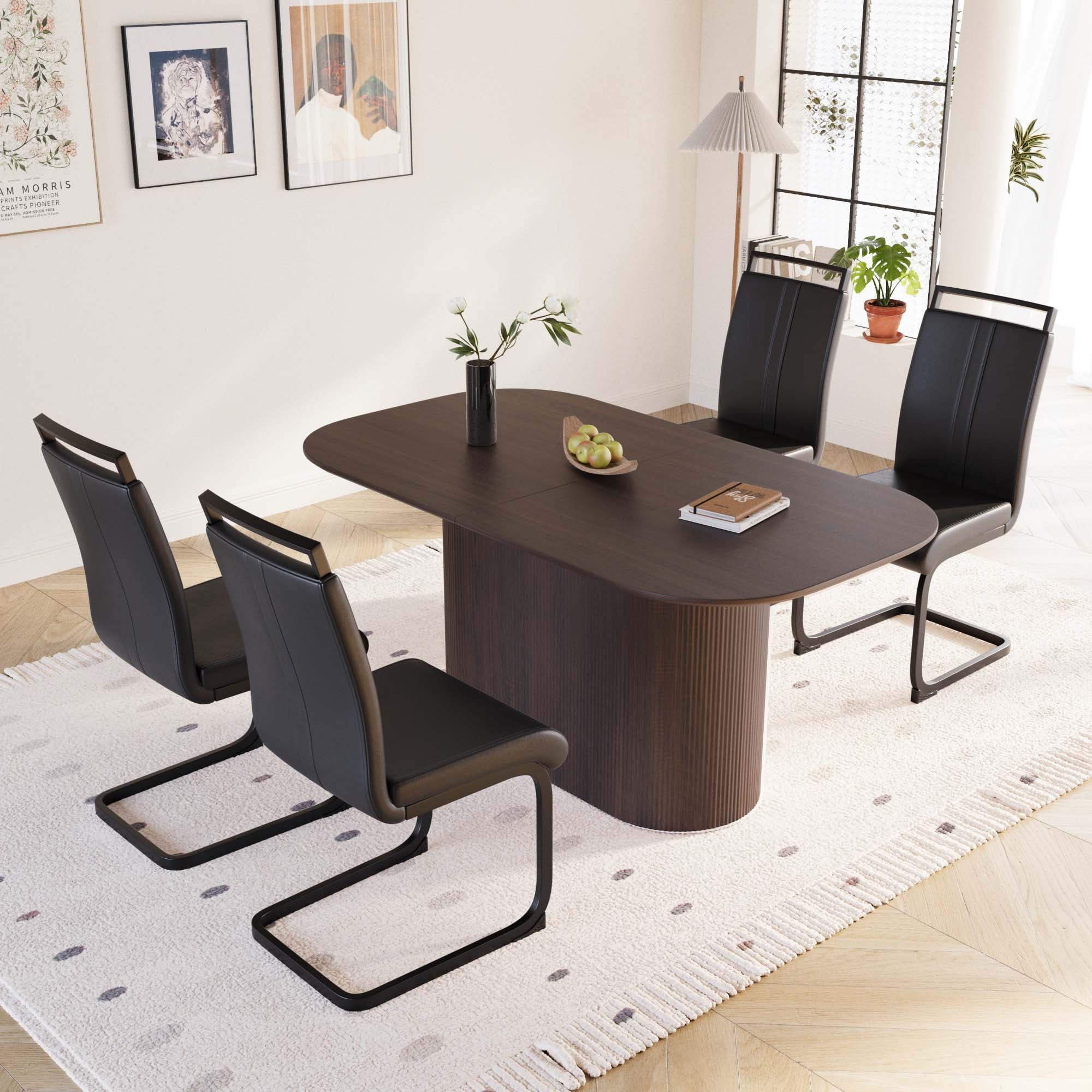 5-Piece Black Brown Dining Set with 4 PU Leather Armless Chairs, Coffee Table & Chairs Set for Dining Room