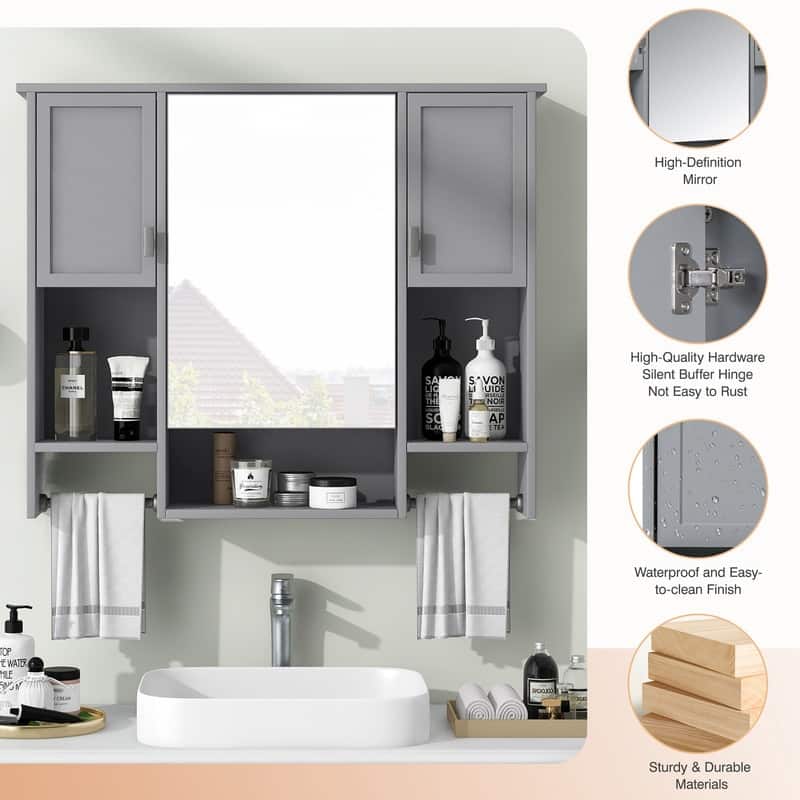 35" x 28" Modern Bathroom Mirror Cabinet with Towel Bar - Wall Mounted Storage & Vanity Mirror
