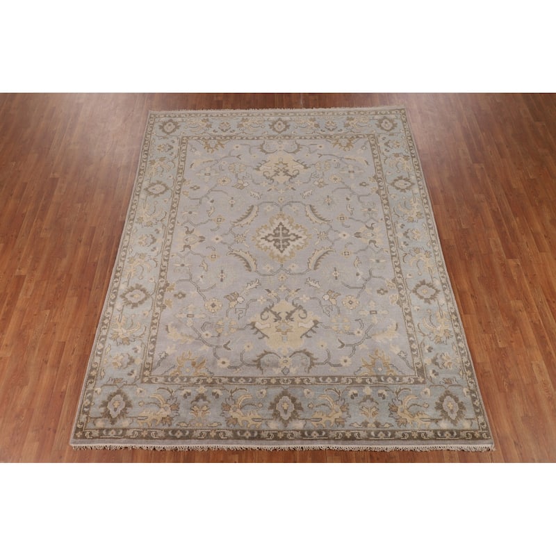 All-Over Gray Oushak Indian Area Rug Hand-Knotted Wool Carpet - 7'11"x 10'0"