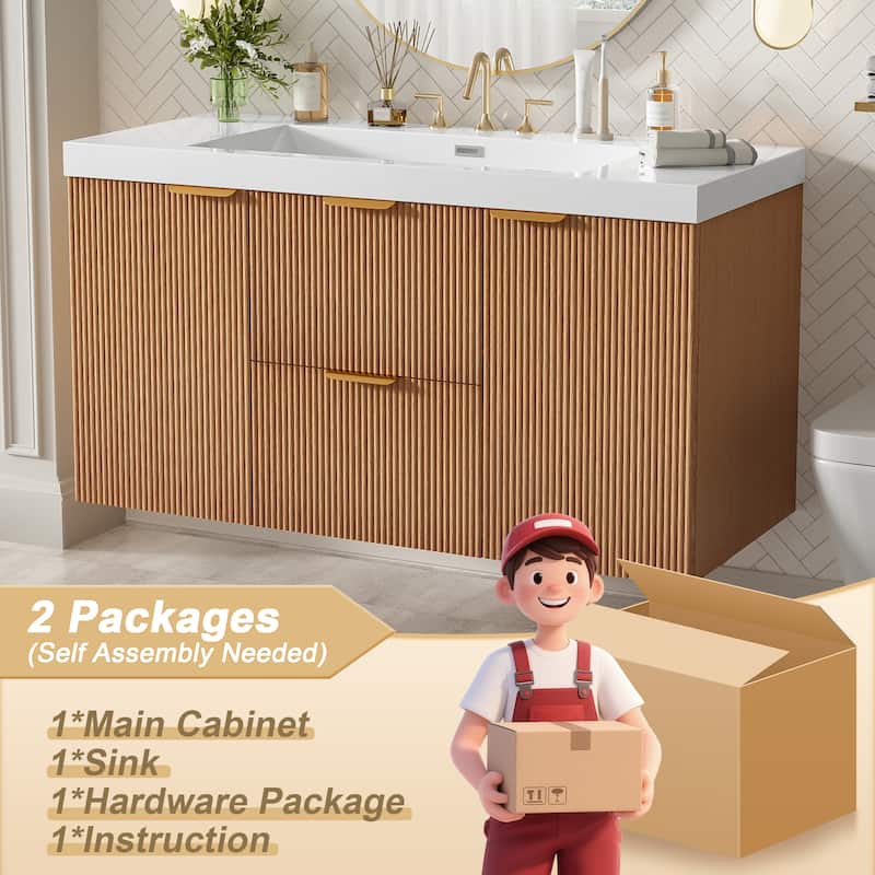 42"Single Sink Bathroom Vanity with SMC Top,MDF Cabinet,Soft Close Doors,U-shaped Drawers,Wall-Mounted Modern Storage Vanity