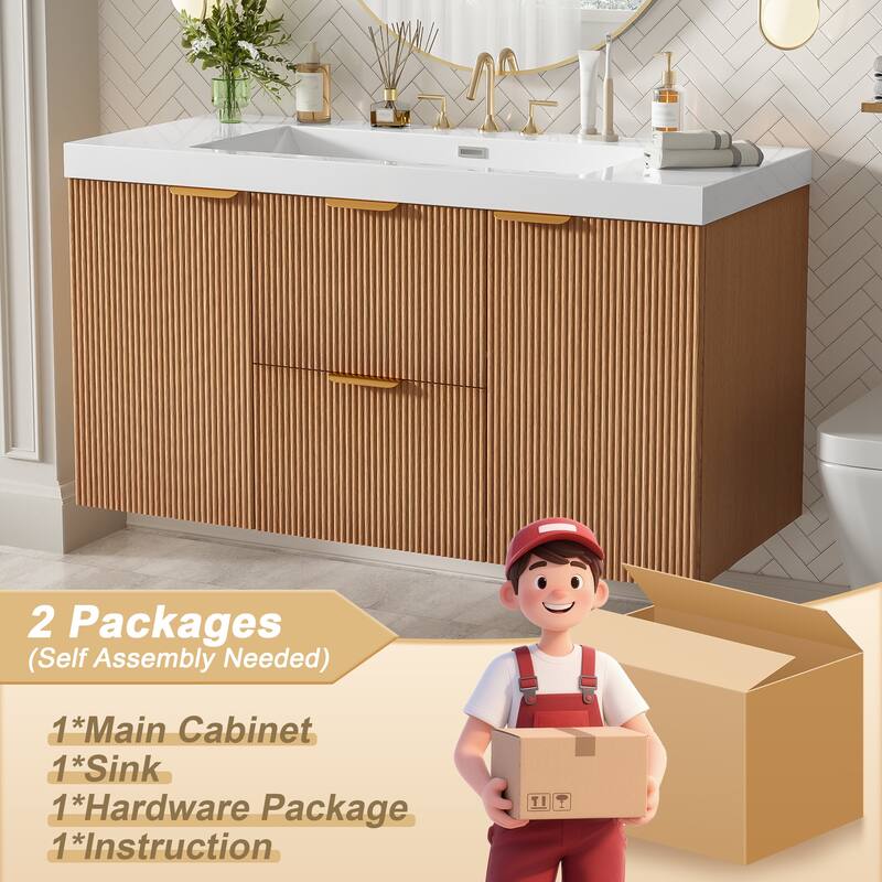 GDFStudio - Mercer Transitional Wall Mounted Bathroom Vanity Cabinet with Double SMC Sink, Soft Close Doors & Drawers