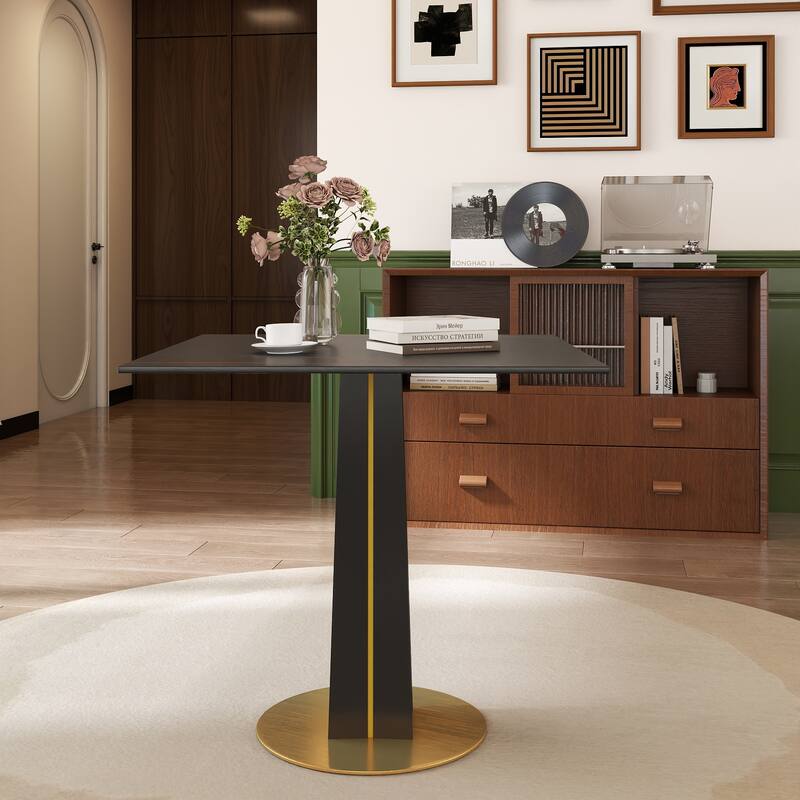 Modern Square Negotiation Table - 85cm Black Sintered Stone Top, Black Wooden Legs with Golden Metal Base