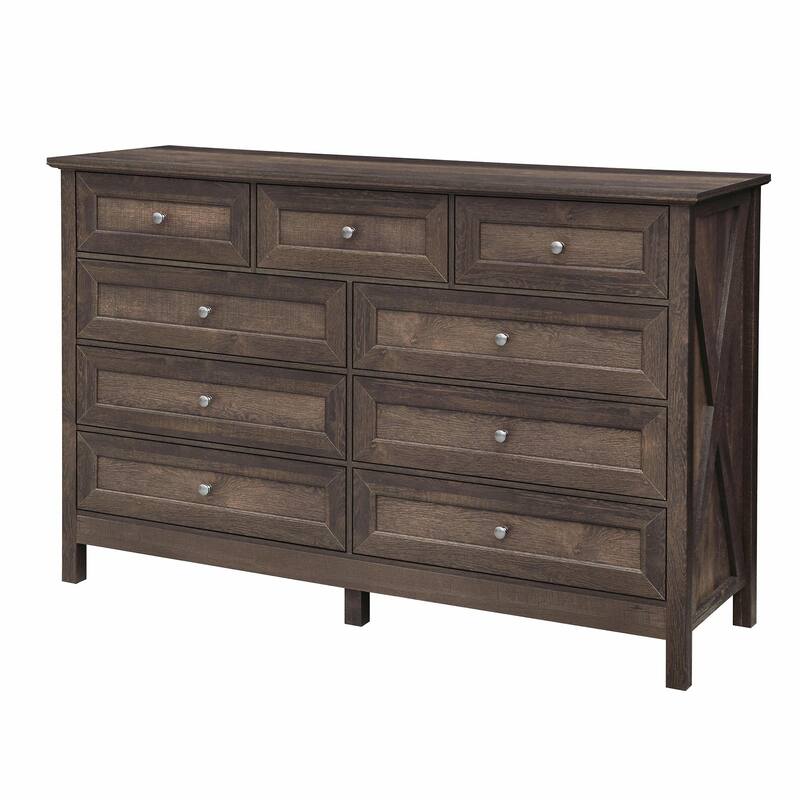 Wooden Rustic Storage Dresser with 9 Drawers and Silver Handles