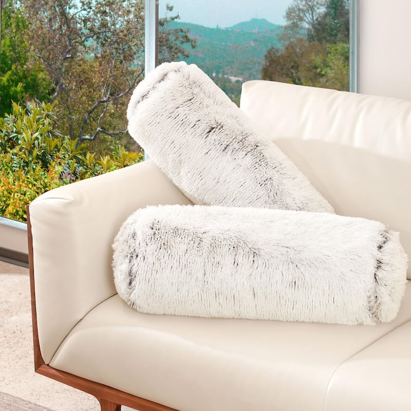 Cheer Collection 8" x 24" Set of 2 Shaggy Long Hair Bolster Pillows - Grey