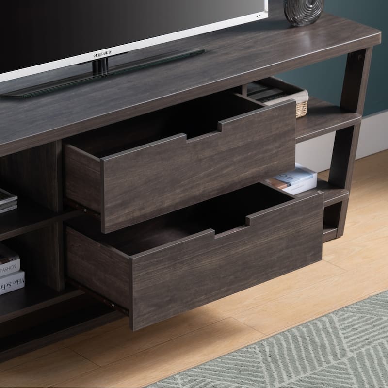 Modern TV Stand with Four Open Shelves and Three Storage Drawers - White Oak