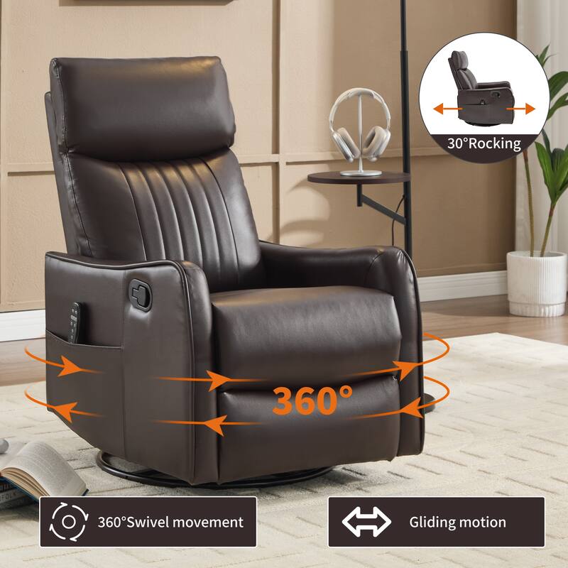 Roomfitters Swivel Rocker Recliner Chair, Manual Faux Leather Massage Armchair with Heat and Glider Motion, Living Room