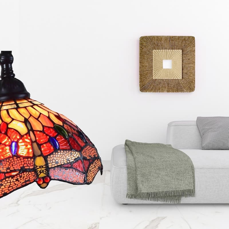 Black and Red Metal Torchiere Floor Lamp with Stained Glass Dome Shade - 10” x 10” x 61” (D x W x H)