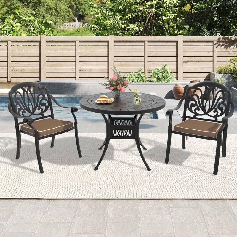 3/5 Piece Cast Aluminum Outdoor Dining Set with 39.37 in. Round Table and Seat Cushions - Black