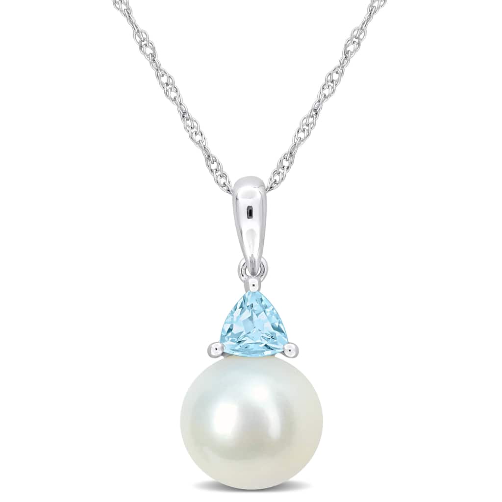 Miadora 8-8.5mm Cultured Freshwater Pearl and 1/4ct TGW Sky Blue Topaz Pendant with Chain in 10k White Gold - 19 mm x 8.3 mm