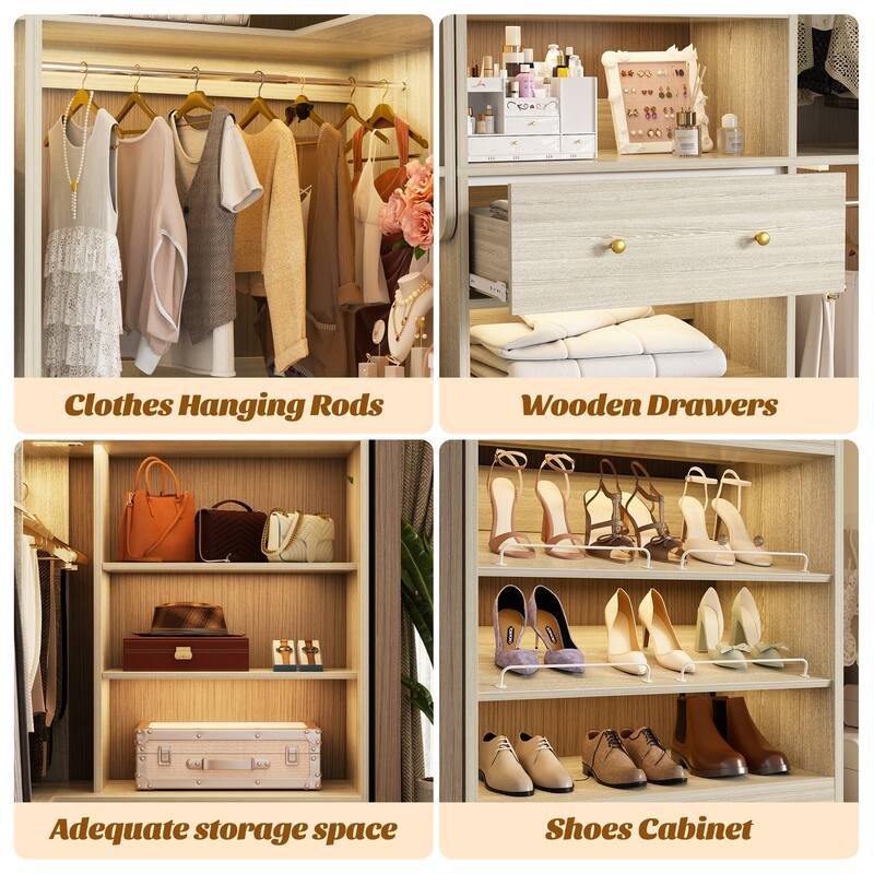 Zyntex Corner Closet System with 2 Wooden Drawers and 6 Hanging Rods, Freestanding Walk-in Closet Organizer with Storage Shelves