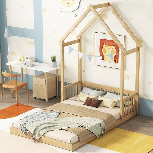 slide 2 of 10, Natural Full Size Pine Wood Roof-framed Headboard Floor Bed with Headboard Guardrails, without Slats Full - Natural