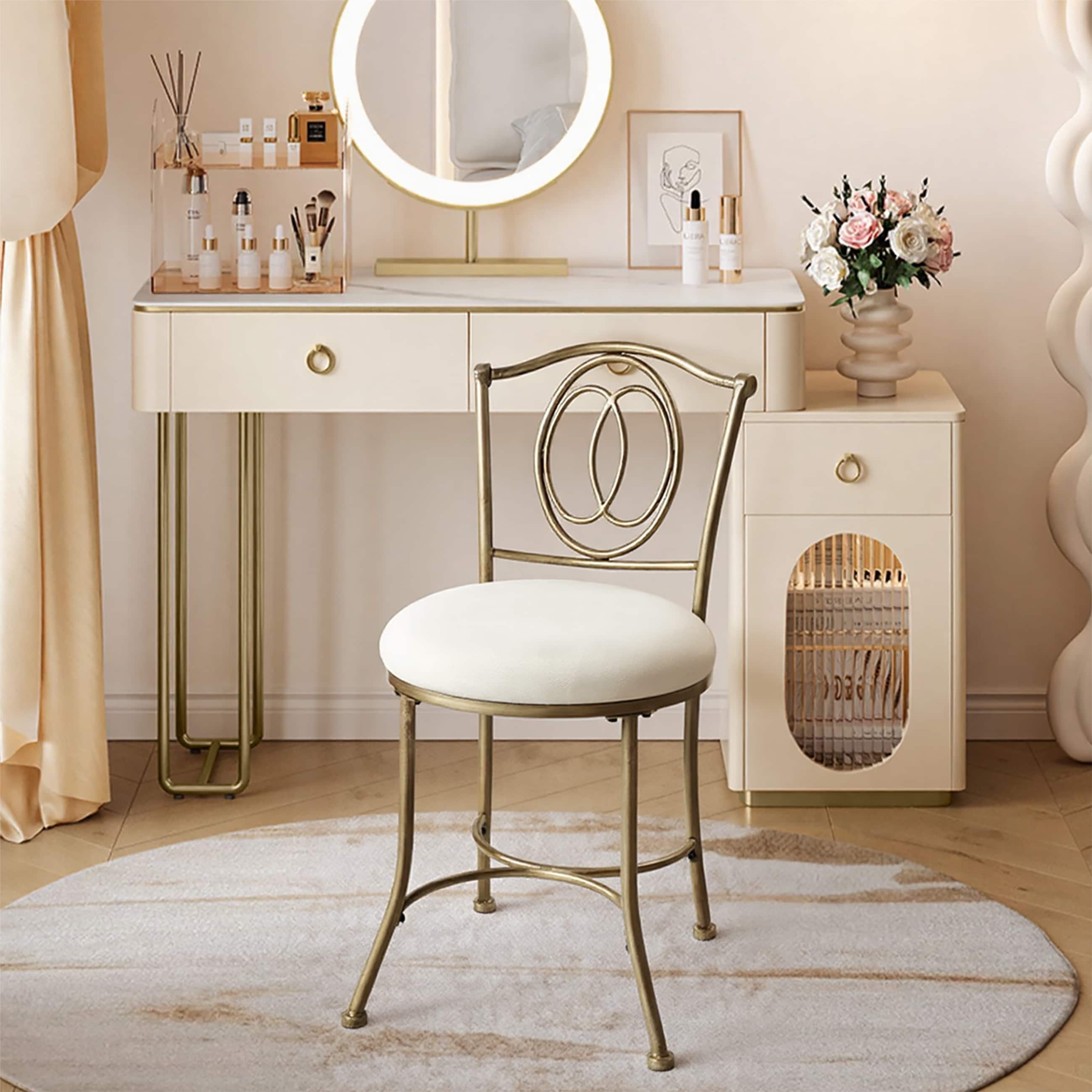 Azalea Park Golden Bronze Upholstered Iron Vanity Stool - 16.14 W x 20.08 D x 30.12 H"