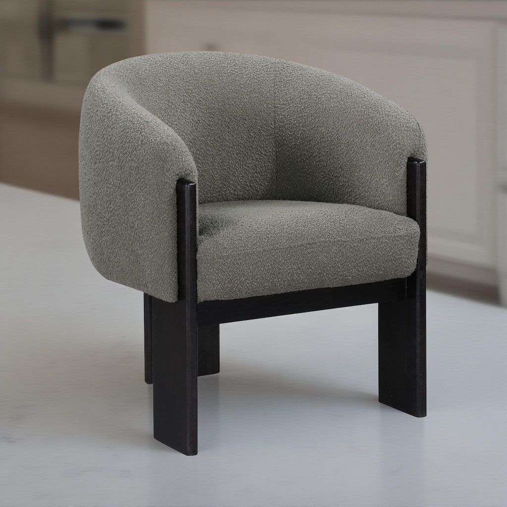 Vala Accent Chair, Modern Plush Gray Boucle Barrel Back, Black Wood