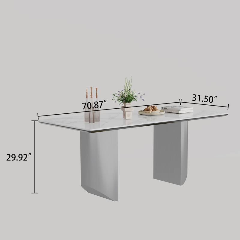0.47" Thick Sintered Stone Composite Tempered Glass Top Dining Table with Stainless Steel Base