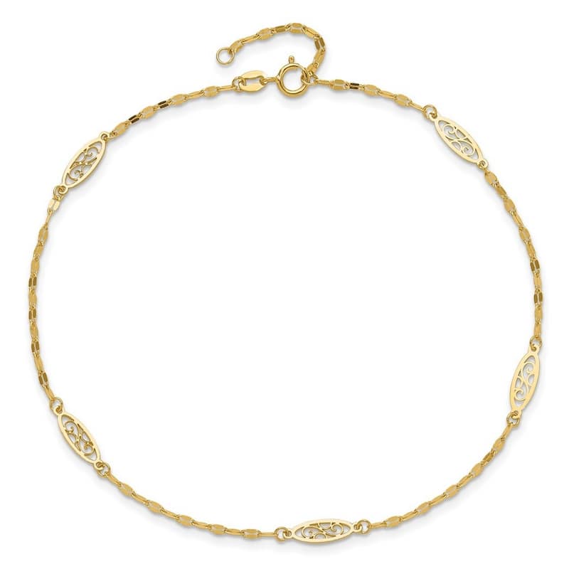 Curata 14k Yellow Gold 9+1" Textured Filigree Medallion Station Valentino Chain Anklet (Spring-ring)