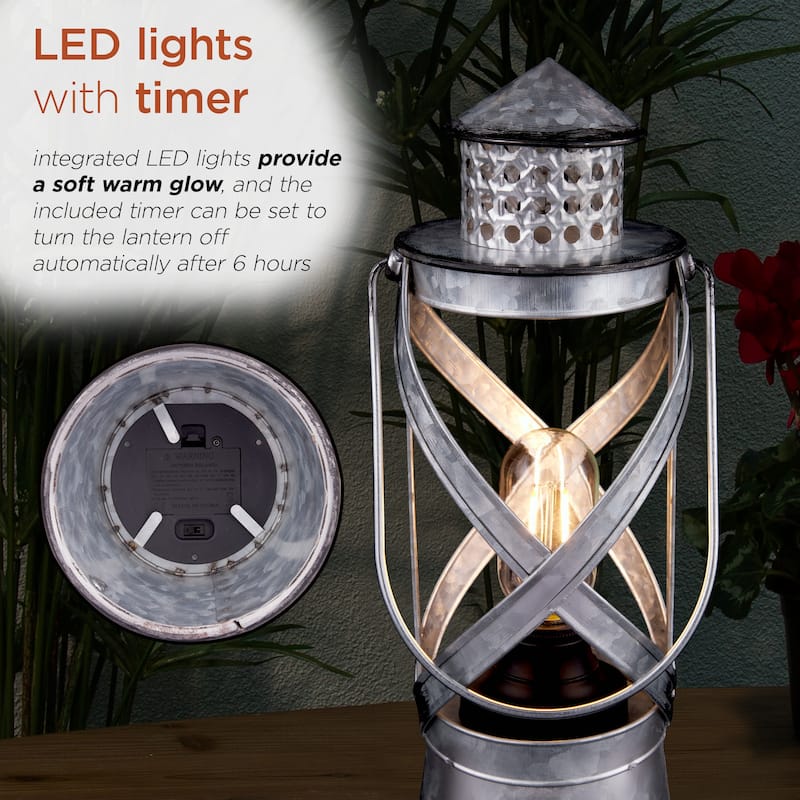 Alpine Corporation 15"H Indoor/Outdoor Vintage Metal Lantern with LED Lights, Silver