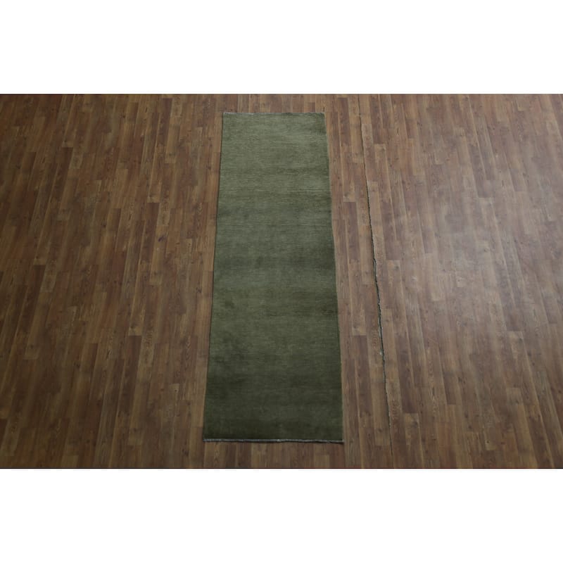 Hand Knotted Oriental 100% Wool Carpet Modern Solid Green Gabbeh Runner Rug - 8' 0'' X 2' 6''