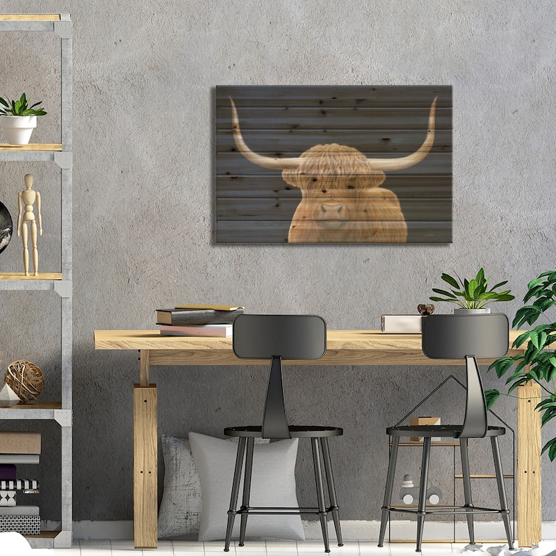 Highland Cow Navy Print On Wood by James Wiens - Multi-Color